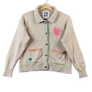 XO/KR Beige Knit Cardigan with Pink Heart Embroidery